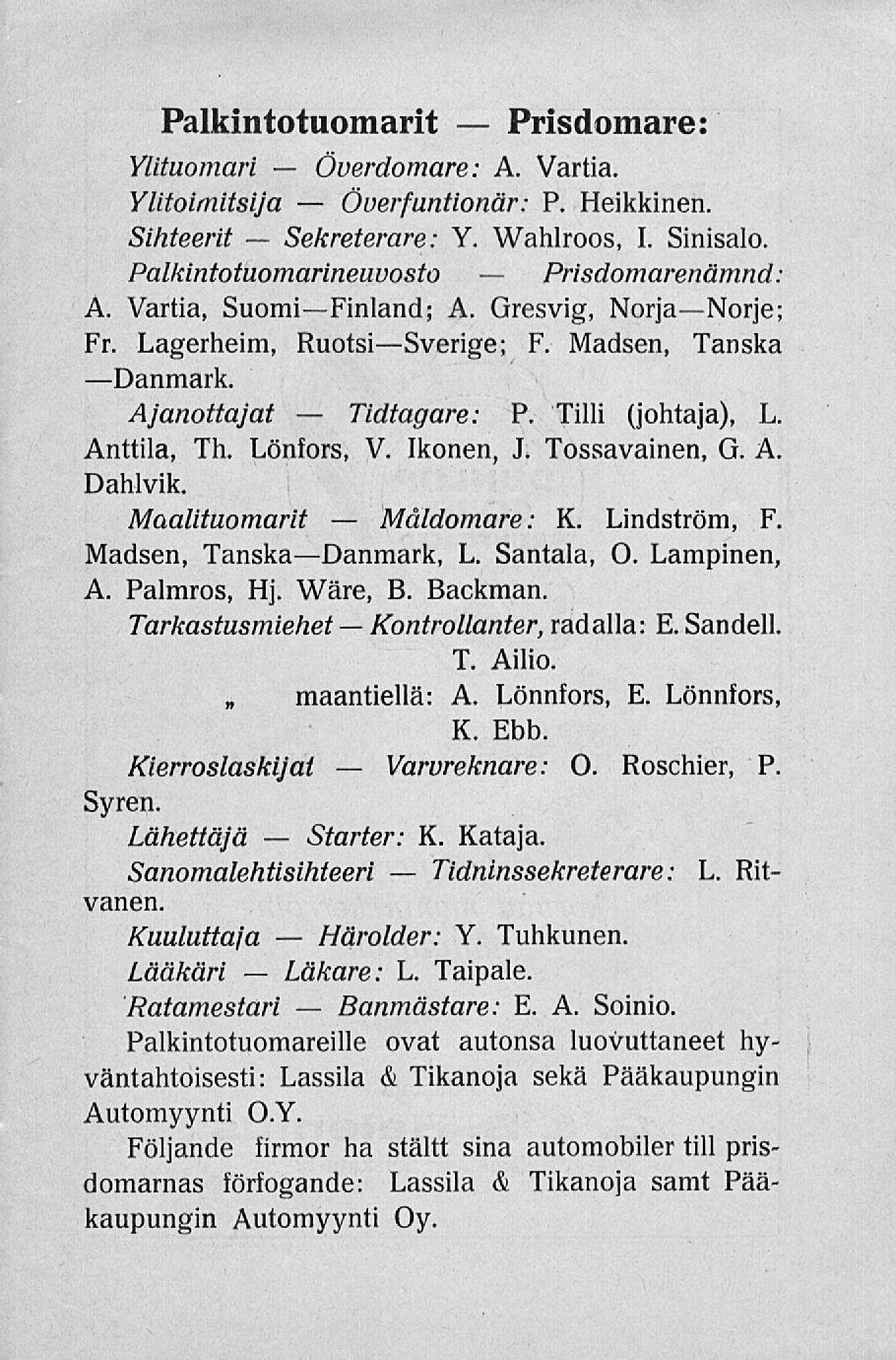 Sekreterare: Läkare: Starter: Härolder: Öuerfuntionär: Tidtagare: Banmästare: Måldomare: Kontrollanter, Varvreknare: Tidninssekreterare: Palkintotuomarit Prisdomare: Ylituomari Överdomare: A. Vartia.