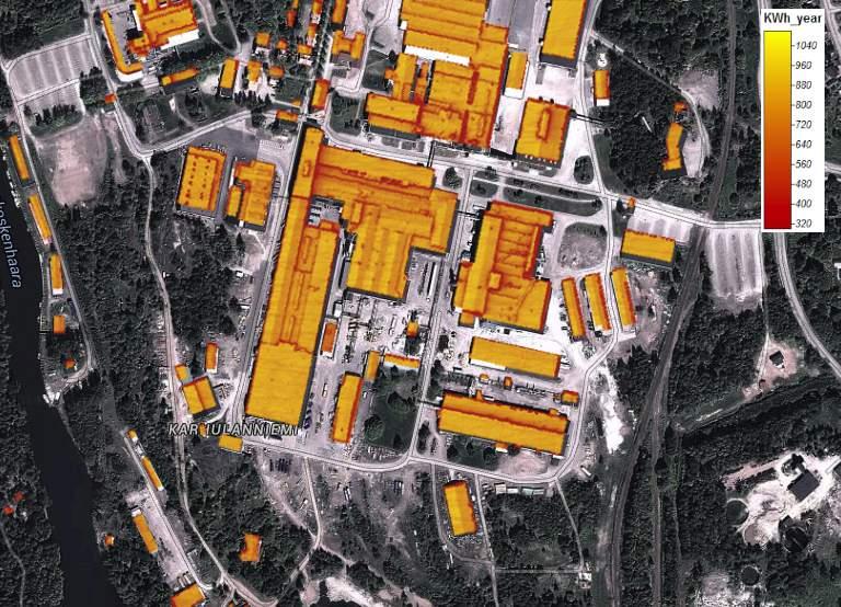 14 Kuntien alueiden aurinkoenergiapotentiaali Tuotetun aurinkoenergia- analyysin perusteella selvitettiin kunkin kunnan jokaisen rakennuksen aurinkoenergian vuosi- ja kuukausitason