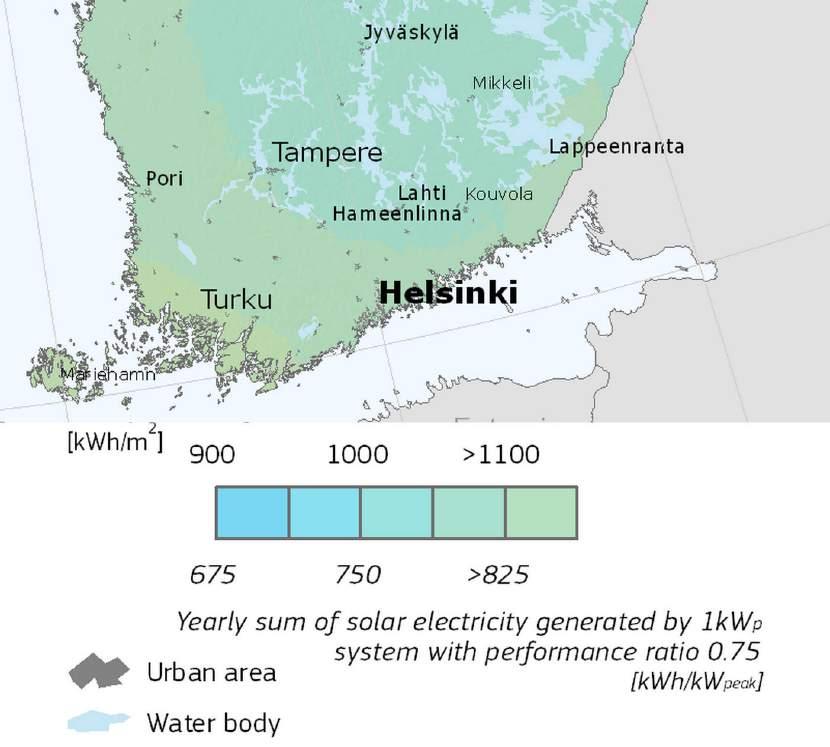5 Kuva 2. Vuotuinen auringon säteilymäärä optimaalisesti suunnatulle ja kallistetulle pinnalle Etelä- Suomessa [4]. Suomessa hajasäteilyn osuus kokonaissäteilystä on merkittävä.