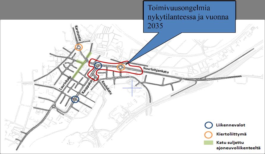 Ote Lohjan keskustan osayleiskaavan liikenneselvityksestä. Liikenteen ongelma-alueena Kauppakadun ja Suurlohjankadun ja Koulukadun liittymäseutu.