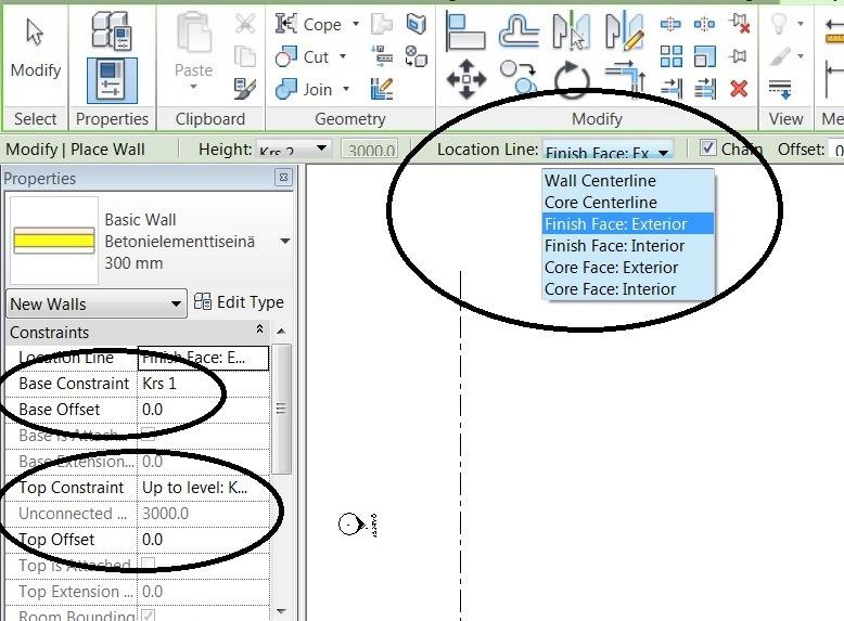 Seinän piirtolinja määritetään propertiesvalikon kohtaan location line, tai työkalupalkissa olevaan kohtaan location line.