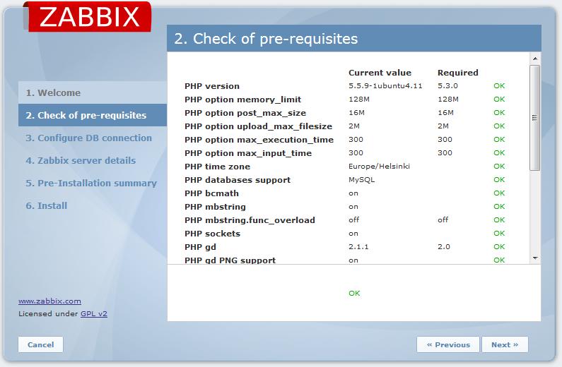 12 KUVIO 7. Zabbix asennusvelhon yhteensopivuustesti järjestelmän kanssa Kun päästään tervetuloa-ikkunasta eteenpäin tullaan ensimmäiseksi testiikkunaan.