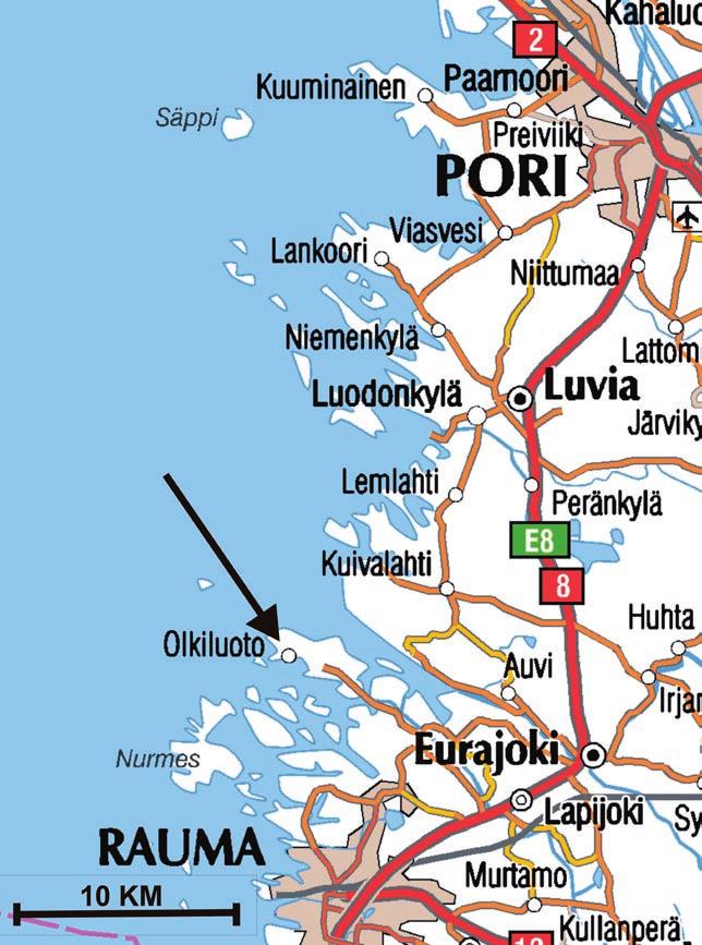 Joonis 2. Eurajoki ja Olkiluoto asukoht. Eurajoki asub maantee 8 (E8) ääres. Maantee 8-lt on Olkiluoto tuumajaama umbes 14 kilomeetrit.