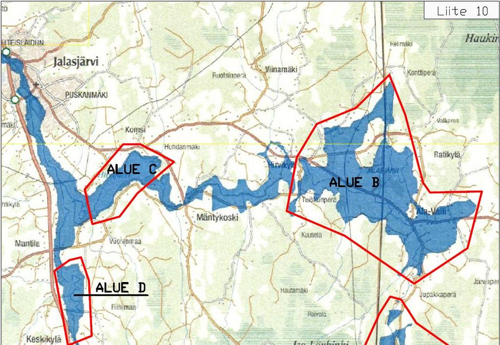 Tulvan mahdollisia pidätysalueita Jalasjoella A. Hirvijoen yläosa B.