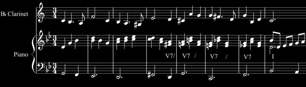 7 Kuvio 2. Lettovillan molliosion välidominanttiketju. Varsinkin basson liike on tyypillinen välidominanttiketjulle. Tätä seuraa pianon välisoitto ja samalla toisinto molliteemasta.