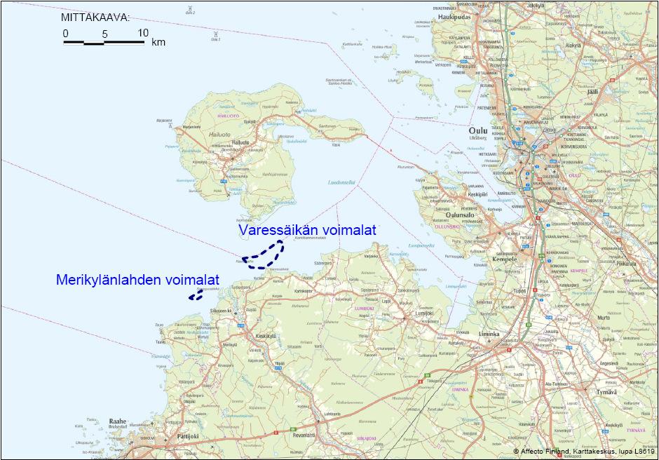 Kuva 4. Siikajoen tuulipuistohankkeen sijainti. Keskimääräinen tuulennopeus alueella vaihtelee 7 9,5 m/s (Taulukko 2, Kuva 5). Tuulisin ajanjakso on myöhäissyksy lokakuusta joulukuuhun.