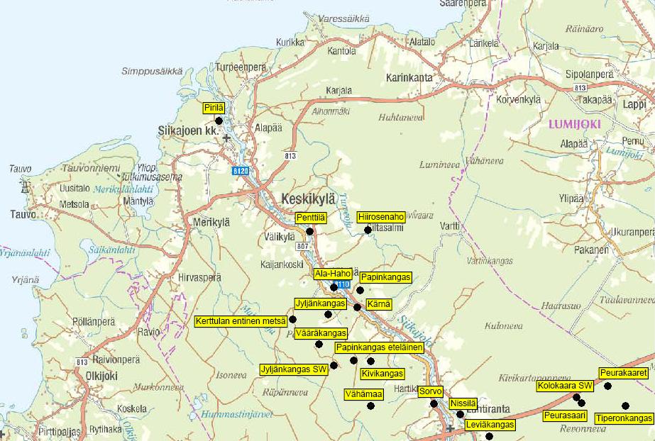 4,5 km). Kohteista valtakunnallisesti merkittäviä ovat Papinkangas ja Tiperonkangas (Taulukko 9, rauhoitusluokka 1).