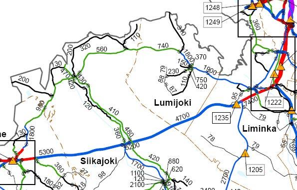 Kuva 36. Liikennemääräkartta vuosi 2008. (www.liikennevirasto.fi) 4.4.3 Lentokentät ja lentoväylät Lentokentät Hankealueen lähimmät lentokentät sijaitsevat Oulunsalossa ja Hailuodossa.