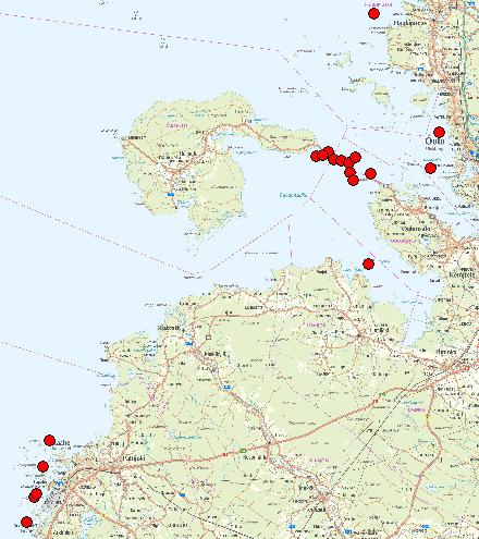 Kuva 51. Raahen ja Oulun edustan pohjaeläinnäytteiden ottopaikat. Affecto Finland, Karttakeskus, lupa L86