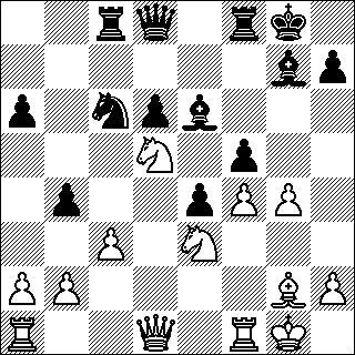 -92-1. Musta siirsi ratsun vihreälle niitylle hyppien 1.- Rc2! Valkea ei uskaltanut lyödä, vaan löi 2.Rxc4. Jos nimittäin 2.Dxc2, niin 2.-Lxh2+ 3.Kh1 (3.Kxh2 Rg4+ 4.Kg3 Dxf2+ 5.