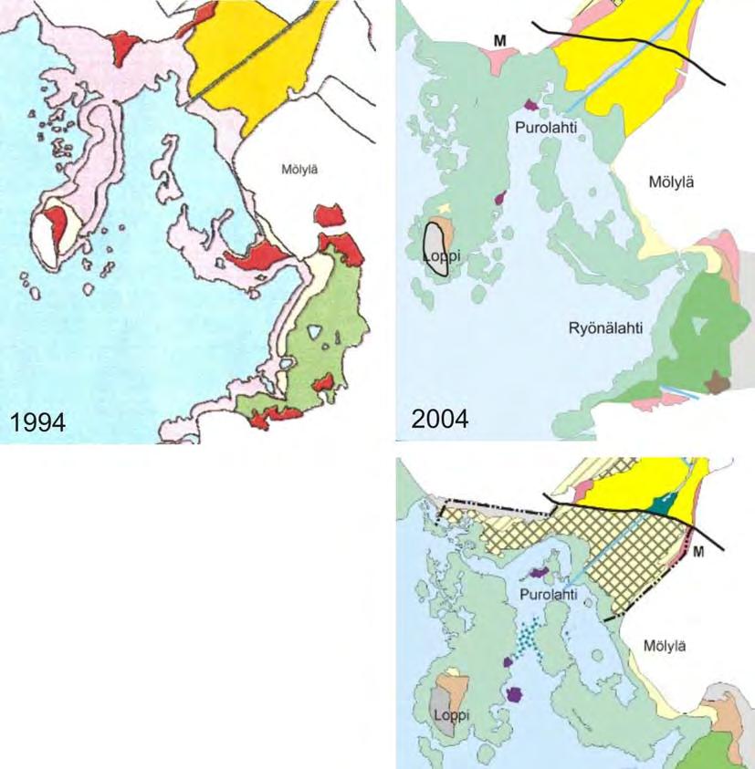 Kuva 5. Lopin ja Ryönälahden alue 1994, 2004 ja 2009. Lopin ja mantereen välinen kannas oli 2000-luvun alussa kasvamassa umpeen.