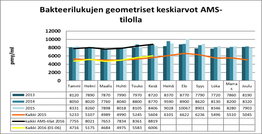 KUVIO 6. Raakamaitojen bakteerilukujen geometriset keskiarvot erikokoisilla tiloilla kuukausittain vuonna 2015 Suomessa.