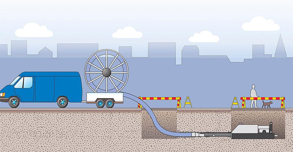 Pakkosujutus (Pipe bursting) Menetelmässä vanha putki halkaistaan ja samalla vedetään uusi putki paikalleen Pääkomponentit: