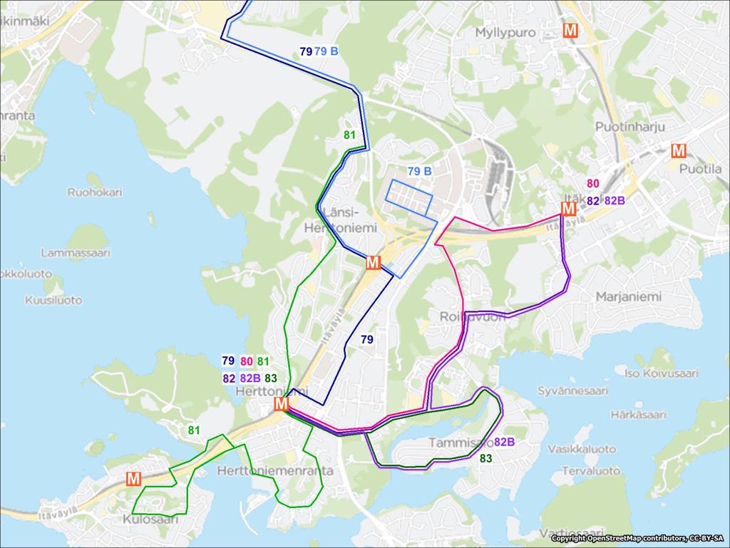 12 Kuva 3. Herttoniemen alueen liityntälinjaston ja linjan 79 reitit. Taulukko 2. Herttoniemen alueen liityntälinjojen ja linjan 79 vuorovälit.