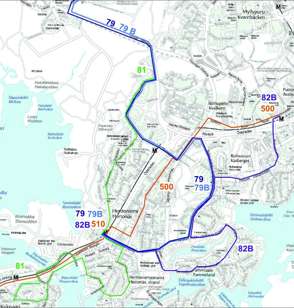 Vaihtoehto 2 Runkolinjaa 510 jatkettu Pasilasta Herttoniemeen ja 500 Itäkeskukseen 79 ja 79B reitit Roihuvuoren kautta Herttoniemeen 82B kokopäivälinjaksi Vuorovälit Arki ruuhka Arki päivä La päivä