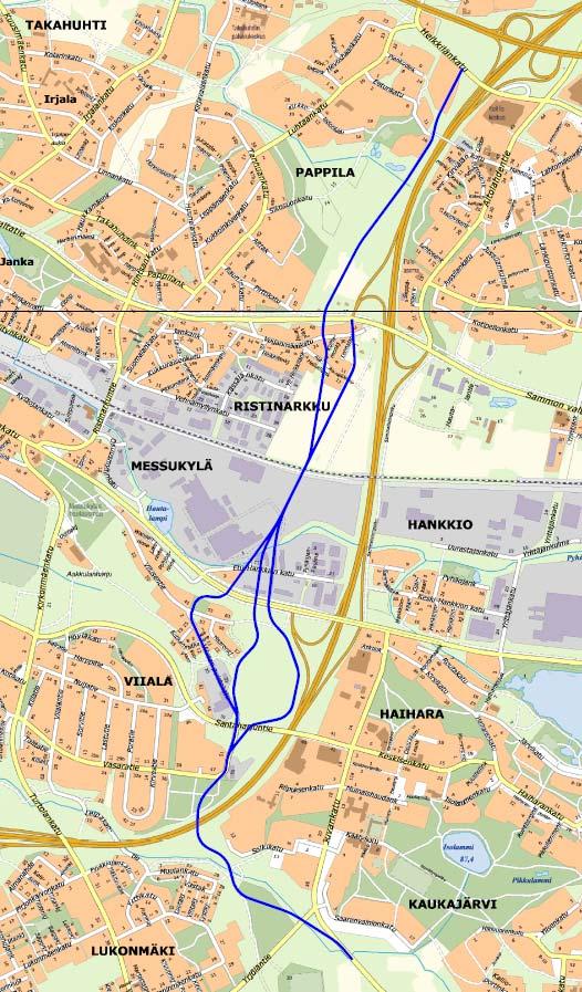 3 Tarkastellut linjausvaihtoehdot (sinisellä) Väylän sijainti- ja geometriatarkastelut on seuraavana esitetty kolmessa osiossa,