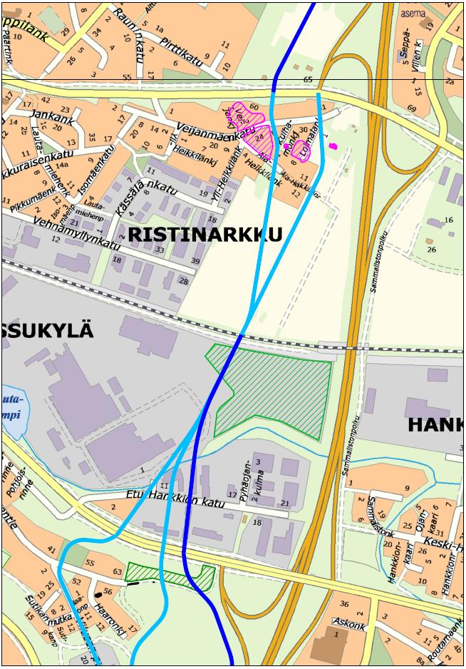 Messukylänkatu Sammon valtatie Liittymäväli 100m Linjaus rakennuksen päältä (okt) Ei suoraa jatkuvuutta pohjoiseen Muinaismuistoja Linjaus rakennuksen päältä (okt) Linjaus rakennuksen