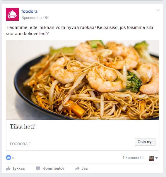Kuva 4. Facebook-mainos. Siinä missä Google Adwords mainos perustuu iskevään ja huomiota herättävään mainoslauseeseen, Facebook-mainoksessa mainoksen kuva on suuressa roolissa.