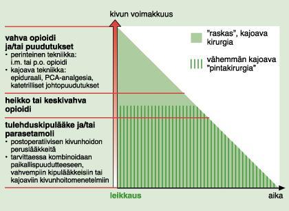 21 sien yhteydessä, kuten vartalon alueeseen kajoavassa kirurgiassa. Pienempien ns. pintakirurgisten toimenpiteiden jälkeen riittävät yleensä miedommat kipulääkkeet. (Nelskylä 2011.) Kuva 3.