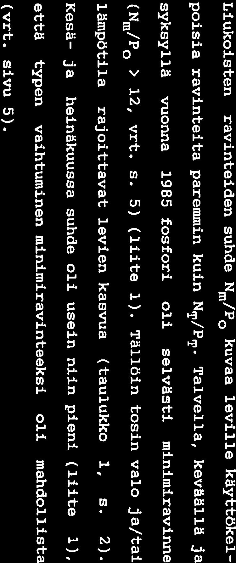 Kasviplanktonin kasvua rajoittava ravinne Rusutjärvellä vuonna 1985 oli kokonaisravinnesuhteen (NT/PT) mukaan fosfo ri (liite 1), sillä NT/PT oli lähes aina >17, jota Forsberg et al.