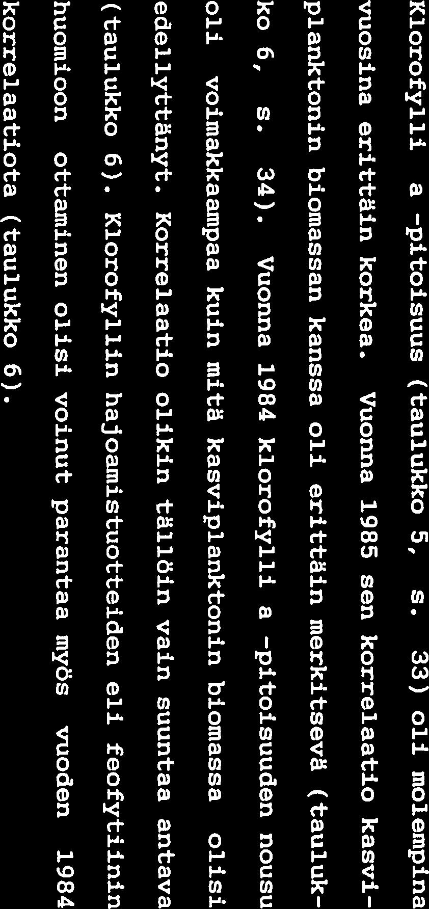 Klorofylli a -pitoisuus (taulukko 5, s. 33) oli molempina vuosina erittäin korkea. Vuonna 1985 sen korrelaatio kasvi planktonin biomassan kanssa oli erittäin merkitsevä (tauluk ko 6, s. 34).