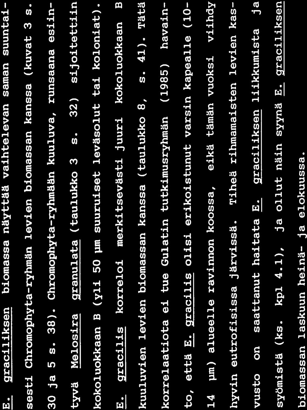 56 8.3 KASVI- JA ELÄINPLÄNKTONIN KESKINÄINEN RIIPPUVUUS RUSUTJÄRVESSÄ E. graciliksen biomassa näyttää vaihtelevan saman suuntai sesti Chromophyta-ryhmän levien biomassan kanssa (kuvat 3 s. 30 ja 5 s.