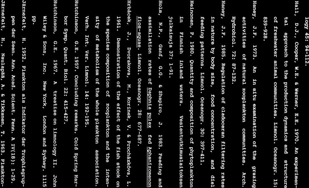 63 logy 45: 94-112. Hail, D.J., Cooper, W.E. & Werner, E.E. 1970. An experimen tai approach to the production dynamics and structure of fresliwater animal communities. Limnol. Oceanogr. 15: 839-928.
