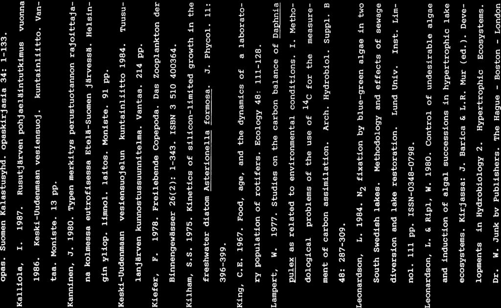 64 opas. Suomen Kalastusyhd. opaskirjasia 34: 1-133. Kalliola, 1. 1987. Rusutjärven pohjaeläintutkimus vuonna 1986. Keski-Uudenmaan vesiensuoj. kuntainliitto. Van taa. Moniste. 13 pp. Kanninen, J.