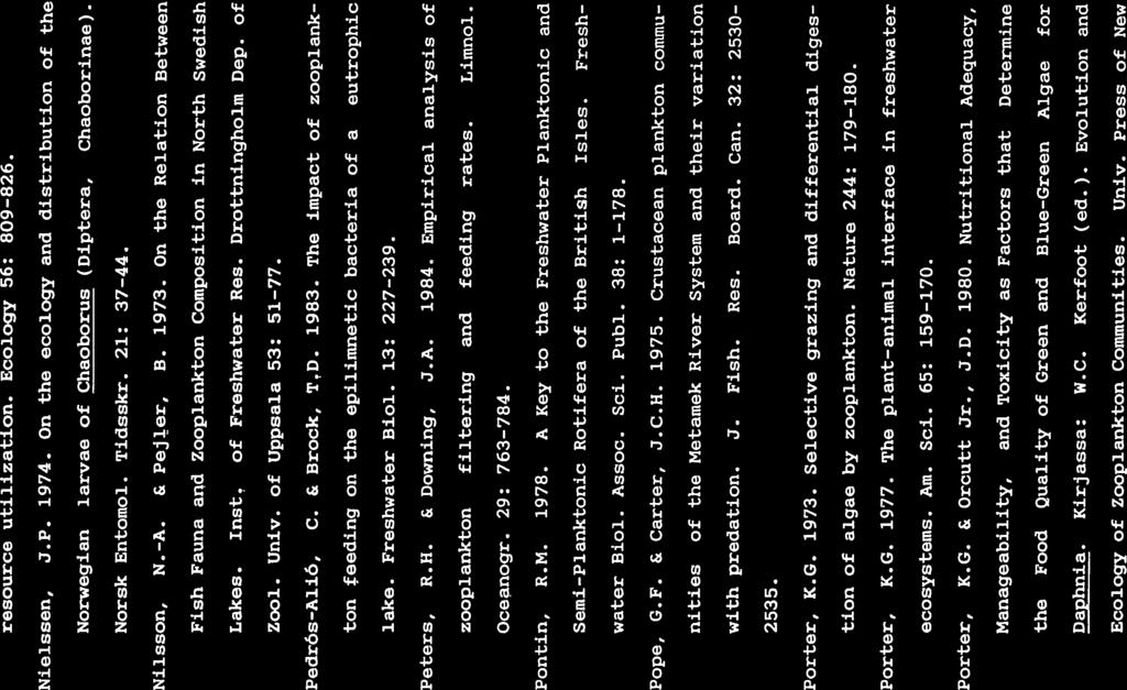 66 resource utilization. Ecology 56: 809-826. Nielssen, J.P. 1974. On the ecology and distribution of the Norwegian larvae of Chaoborus (Diptera, Chaoborinae). Norsk Entomol. Tidsskr. 21: 37-44.