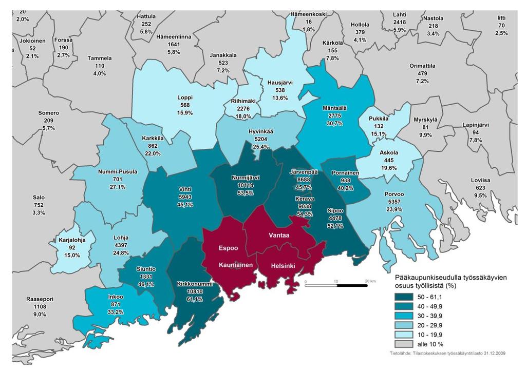 Myös pendelöinti ja sen kasvu vaikuttaa hillitsevästi Helsinkiin suuntautuvan muuttoliikkeen kokonaisvolyymiin.