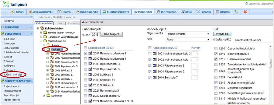 Budjettien vyörytys tileittäin lähdebudjeteilta kohdebudjeteille