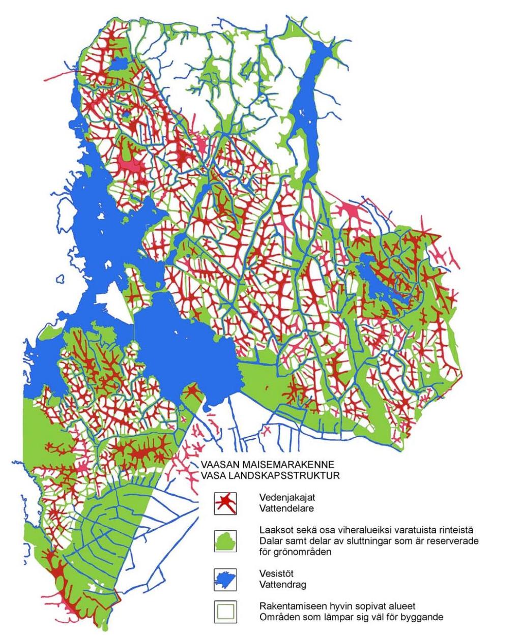 14 vedenjakajilla. Luonnontilassa olevat vedenjakajien lakialueet toimivat tärkeinä veden viiveen asettajina ja imeyttäjinä. /4, 11/ Kuva 1. Vaasan maisemarakenne (Vaasan yleiskaava 2030.