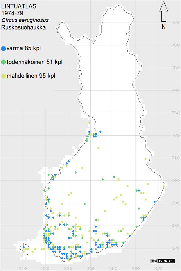 18 a) b) Kuva 3. Ruskosuohaukan levinneisyys Suomessa a) vuosina 1974 1979 ja b) vuosina 2006 2010 (Valkama ym. 2011, pienin muutoksin).