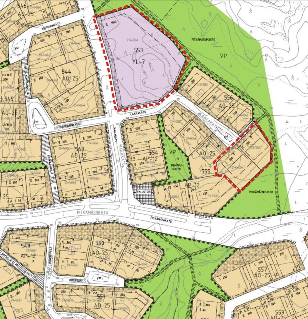 Ote ajantasakaavasta (poistuvan kaava-alueen rajaus punaisella) LIITE 1 8 Kaavamerkinnät ja määräykset (poistuvalla kaava-alueella) AO-25 Erillispientalojen korttelialue.