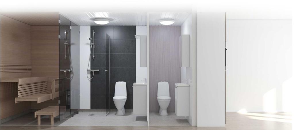 LapWall LEKO Bath -moduuli LEKO Bath -moduulissa yhdistyvät talotekniikka sekä kylpyhuone-, saunaja keittiötoiminnot Vakiomallisto koostuu kolmesta erilaisesta pohjavaihtoehdosta Moduuli tuodaan