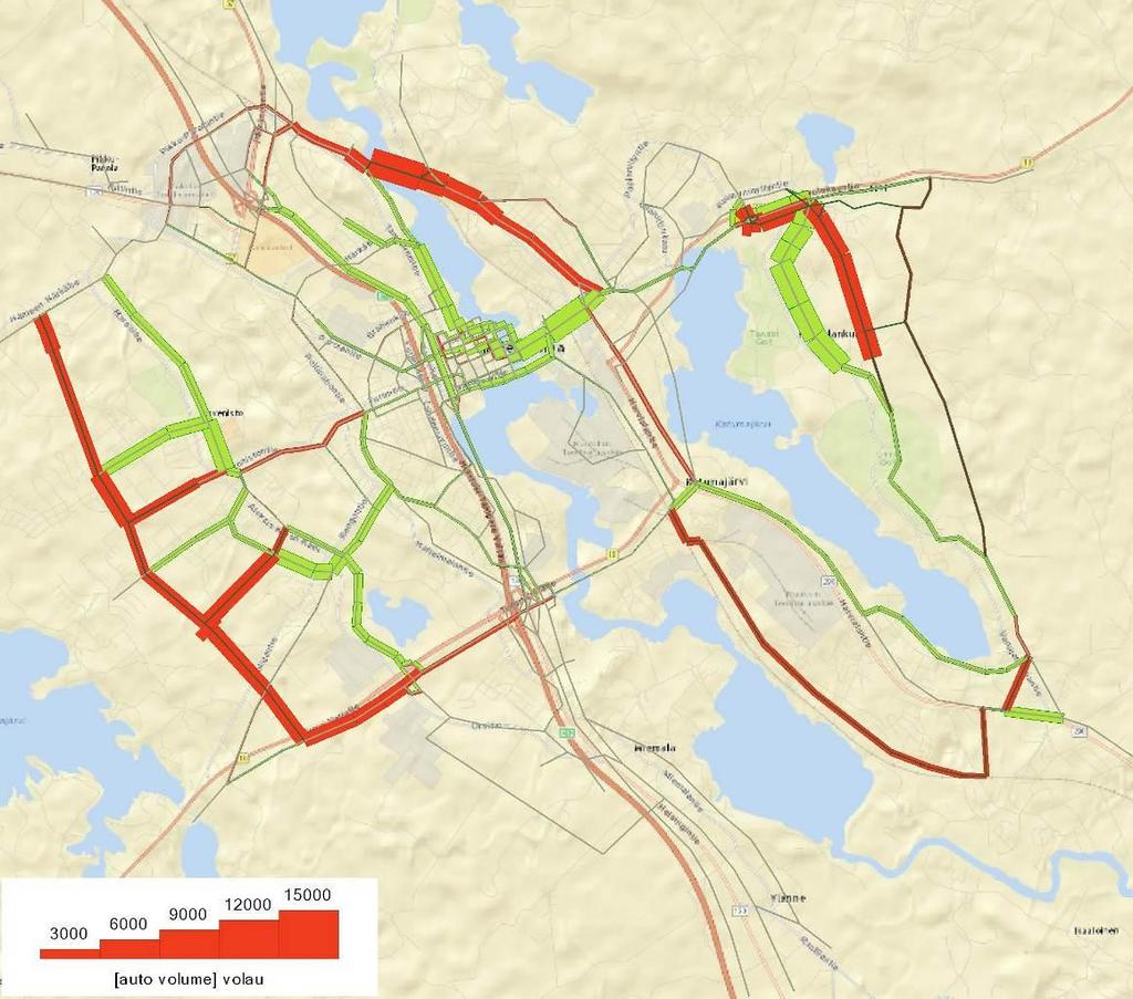 Hämeenlinnan liikenneverkkoselvitys 38 (43) Kuva 4-3: Liikennemäärien muutos ennusteessa 2030+, liikenneverkot VE 1 VE 0 Hämeenlinnan läntisen kehäväylän I-vaihe kerää 3100 5500 ajon./vrk.