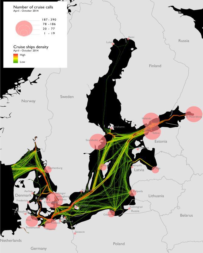 30 Risteilyalusten liikennöinti Itämerellä huhtikuusta lokakuuhun 2014 (Helcom 2015). Kuviosta 10 nähdään, kuinka risteilyalukset liikennöivät Itämerellä.