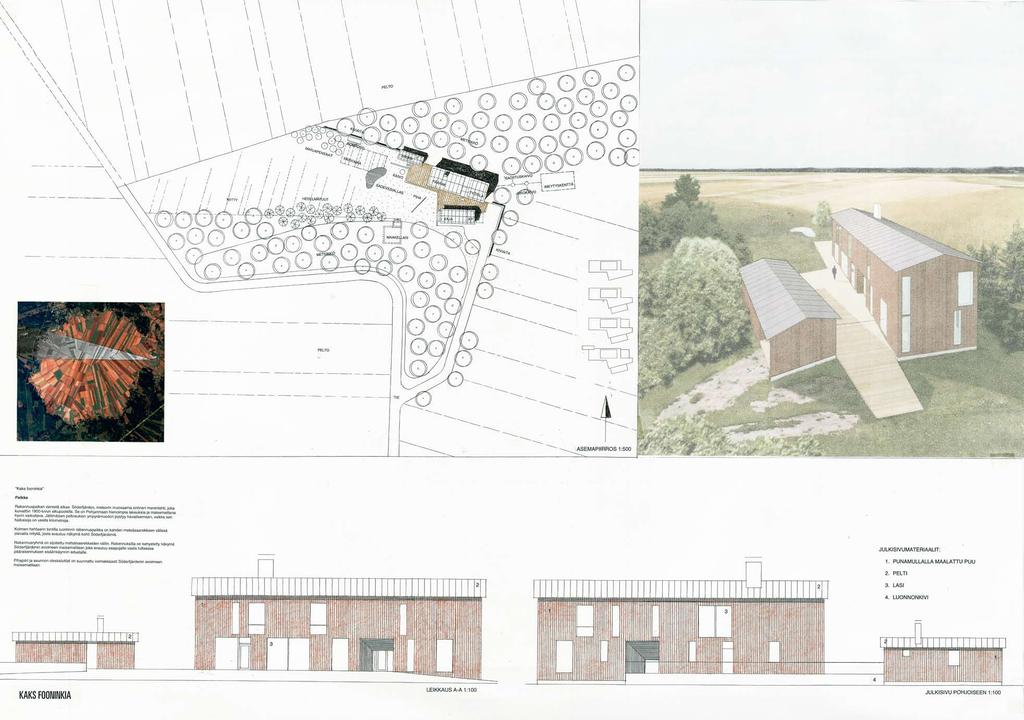 ) Arkkitehtiryhmä Kallion Rakentajat Oy asemapiirros / site plan 1:1000 Ote arvostelupöytäkirjasta Ehdotus on tulkinta perinteisestä pohjalaisesta 2-kerroksisesta maalaistalosta, jolle on leimallista