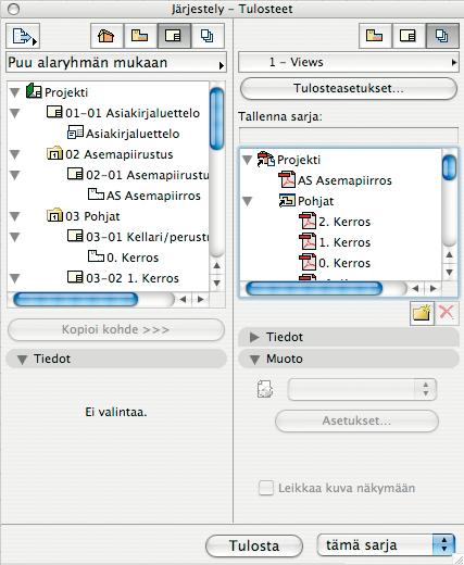 KO.-36 8.7 Järjestely 8.7.1 Järjestely-ikkunan käyttö Järjestely-ikkuna avautuu Projekti tai Piirustusten hallinta -ikkunan vasemmassa yläkulmassa olevasta painikkeesta tai kohdasta Ikkunat Apuikkunat.