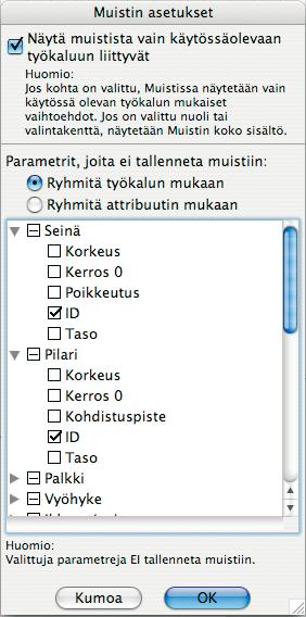 Huomaa, että Tiedot-apuikkunaa voi käyttää esikatseluna valittujen asetusten tarkastamisessa. Asetuksen nimeä kaksoisosoittamalla nämä asetukset ja oikea työkalu tulevat käyttöön. 8.11.