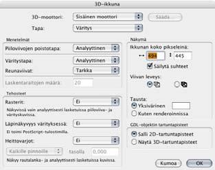 KO.-7 5.5.1 Esitystapa Archicadin sisäistä moottoria käytettäessä voi valita kolmesta vaihtoehdosta, jotka ovat: rautalanka, piiloviivat ja väritys.