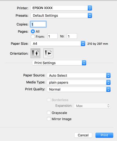 Tulostaminen 5. Valitse ponnahdusvalikosta Tulostusasetukset. Jos käytössäsi on Mac OS X v10.8.x tai uudempi ja jos Tulostusasetukset-valikko ei näy, Epsonin tulostinajuria ei ole asennettu oikein.