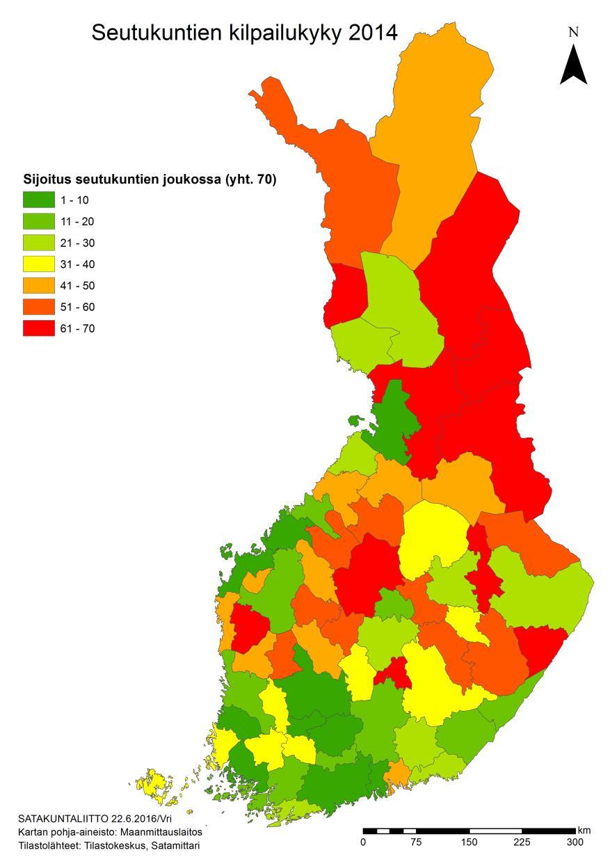 SUOMEN SEUTUKUNTIEN KILPAILUKYKY vuonna 2014: kuuden tekijän mittaristo (seutukuntia 70 kpl).