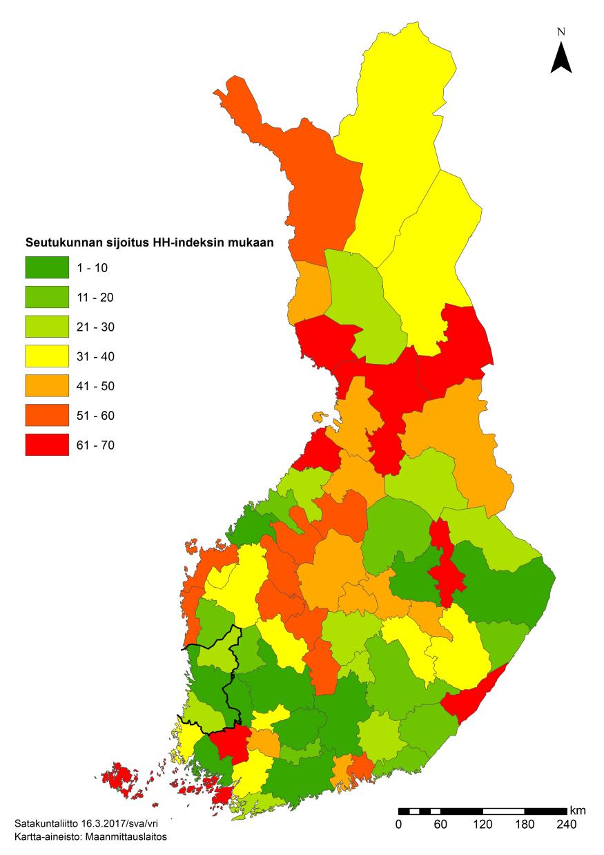 Vihreällä monipuolisimman teollisuuden rakenteen seutukunnat, punaisella heikoimmat (v.