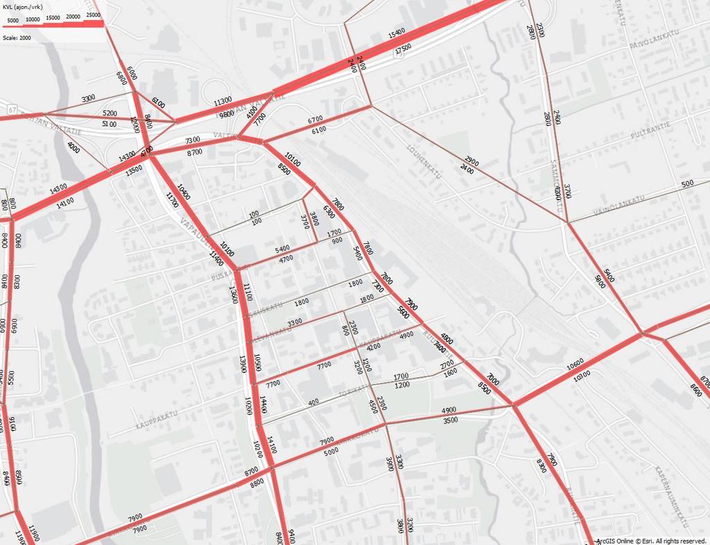 Liikennekaavio keskustan alueelta Valtionkatu-Ruukintie