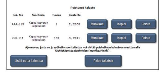 Kalustoluettelo ja tietojen päivitys Kalustoluettelo-sivulla näkyvät sekä nykyisin käytössä olevat autot että ne autot, joille on syötetty tietoa, mutta jotka ovat poistuneet yrityksen käytöstä.