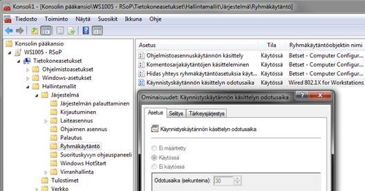 75 taan ryhmäkäytäntöjen asetukset työaseman muistista. (Windows 7 Clients intermittently fail to apply group policy at startup. 2013.) Kuvio 68.