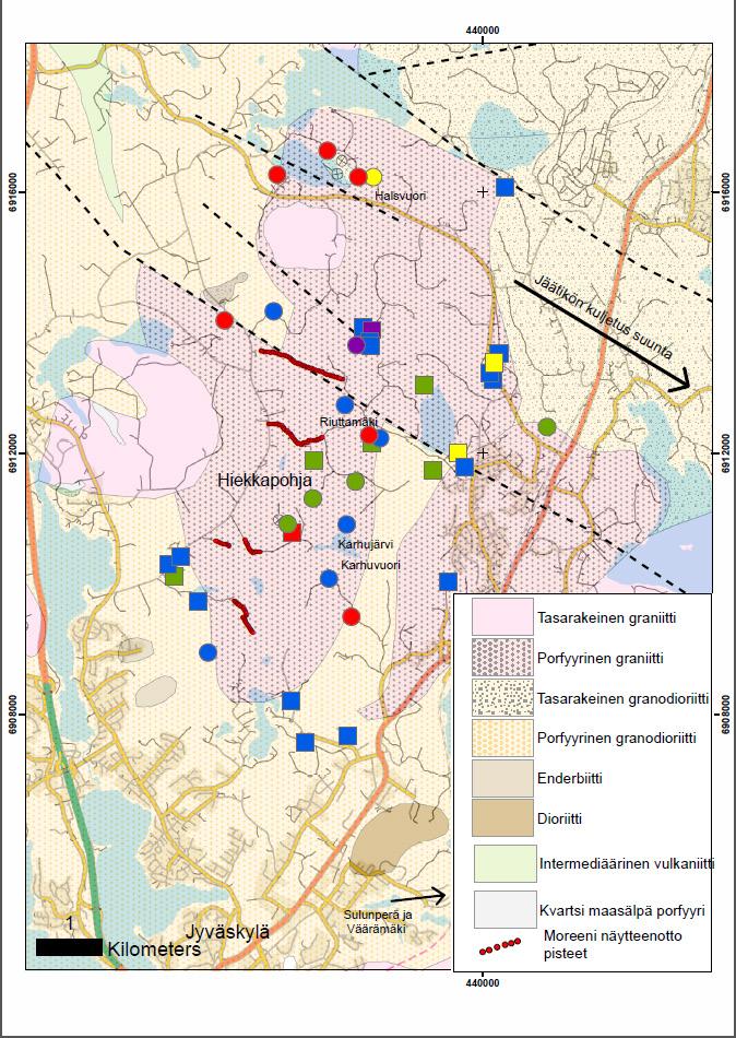 GEOLOGIAN TUTKIMUSKESKUS 4 Kuva 1. Tutkimushankkeen kallioperäkartta Hiekkapohjan alueelta ja tunnetut malmiviitteet.