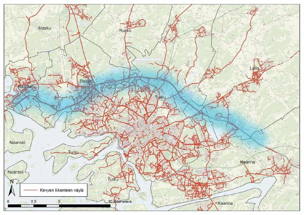 20 Kuva 12 Kevyen liikenteen verkosto (punainen) ja Turun kehätie Kehätien analyysissä todettiin, että kevyen liikenteen verkosto kehätien suunnassa on puutteellinen (kuva