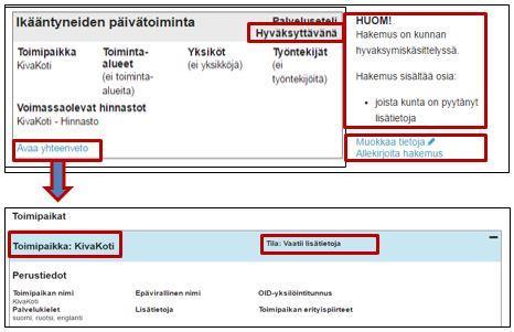 Palvelun nimi Hakemuksen tila on Vaatii lisätietoja, kun lisätietoja tarvitaan koko hakemukseen. Valitse Palvelut-välilehdeltä oikea palvelu ja siitä kohta Muokkaa tietoja.